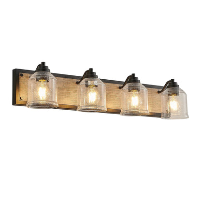 Farmhouse Vanity Light Fixture | 3/4/5/6-Light Bathroom Wall Sconce with Clear Seeded Glass Shades & Antique Wood Backplate 4-light