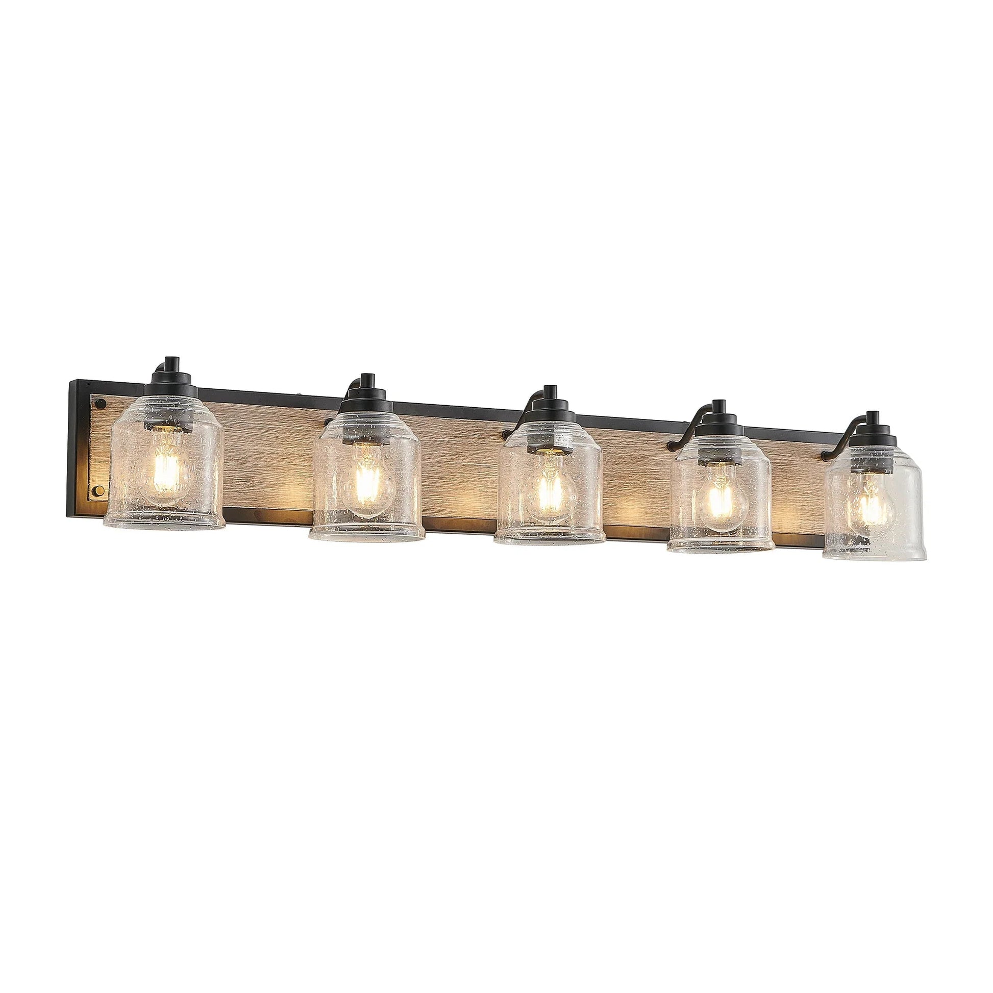 Farmhouse Vanity Light Fixture | 3/4/5/6-Light Bathroom Wall Sconce with Clear Seeded Glass Shades & Antique Wood Backplate 5-light