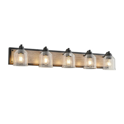 Farmhouse Vanity Light Fixture | 3/4/5/6-Light Bathroom Wall Sconce with Clear Seeded Glass Shades & Antique Wood Backplate 5-light