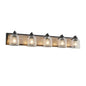 Farmhouse Vanity Light Fixture | 3/4/5/6-Light Bathroom Wall Sconce with Clear Seeded Glass Shades & Antique Wood Backplate 5-light