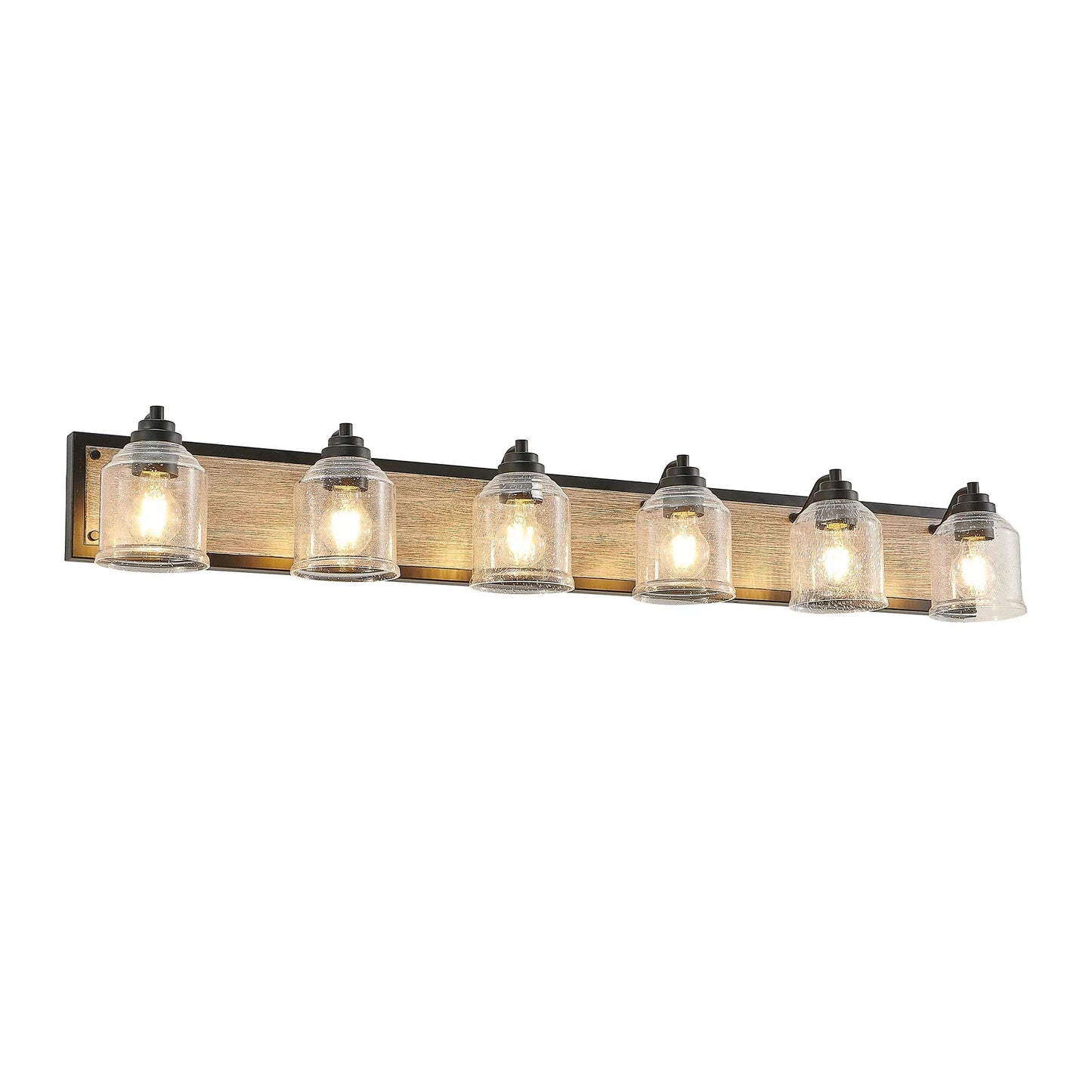 Farmhouse Vanity Light Fixture | 3/4/5/6-Light Bathroom Wall Sconce with Clear Seeded Glass Shades & Antique Wood Backplate 6-light