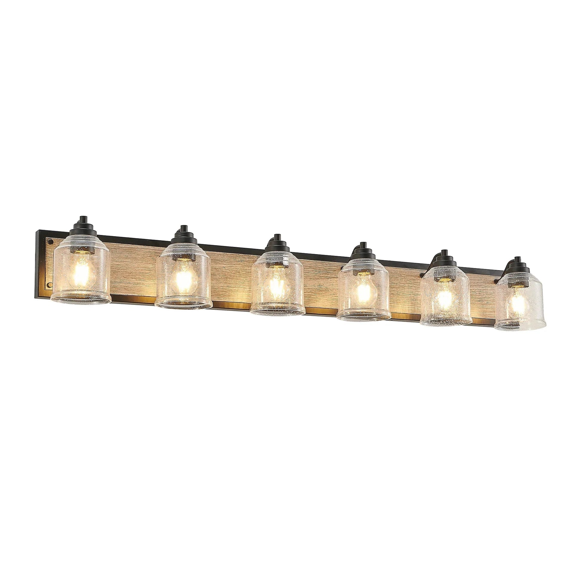 Farmhouse Vanity Light Fixture | 3/4/5/6-Light Bathroom Wall Sconce with Clear Seeded Glass Shades & Antique Wood Backplate 6-light