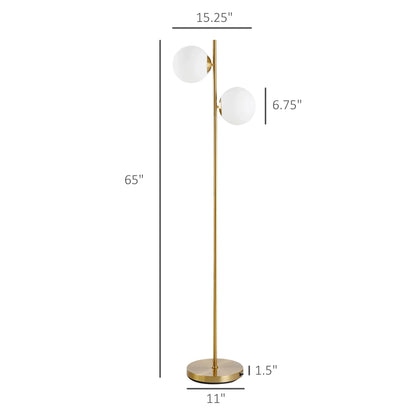 Modern Double Globe Floor Lamp – White Glass Shades, Gold Metal Stand & Foot Switch | Living Room & Bedroom