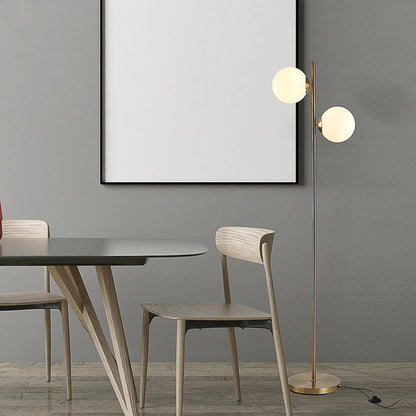 Modern Double Globe Floor Lamp – White Glass Shades, Gold Metal Stand & Foot Switch | Living Room & Bedroom
