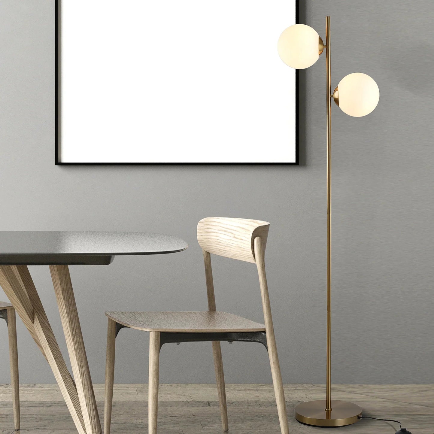 Modern Double Globe Floor Lamp – White Glass Shades, Gold Metal Stand & Foot Switch | Living Room & Bedroom