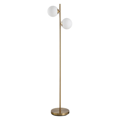 Modern Double Globe Floor Lamp – White Glass Shades, Gold Metal Stand & Foot Switch | Living Room & Bedroom