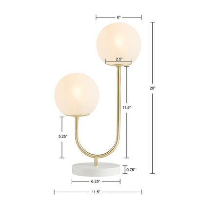 2-Light Frosted Glass Globe Table Lamp – Gold Brass Curved Stand & White Round Base | Modern Bedside & Desk Lamp