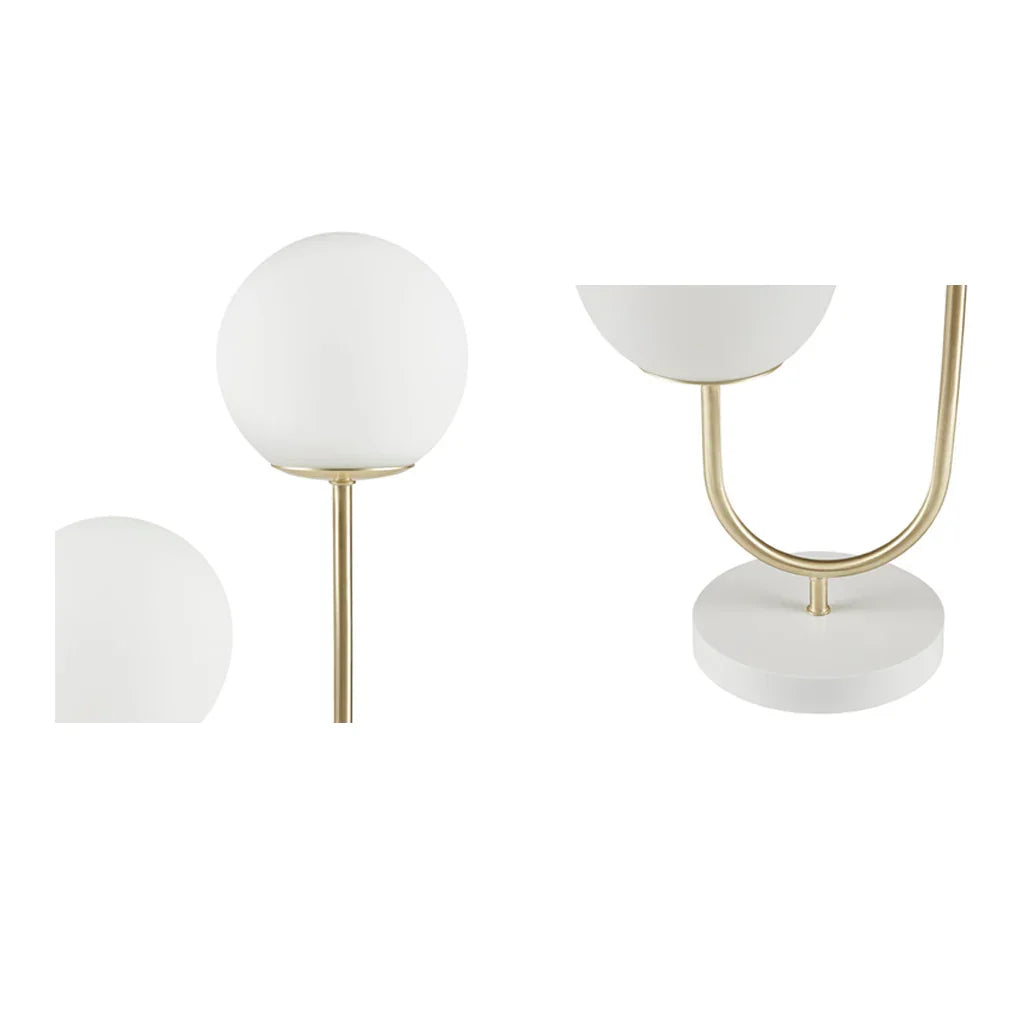 2-Light Frosted Glass Globe Table Lamp – Gold Brass Curved Stand & White Round Base | Modern Bedside & Desk Lamp