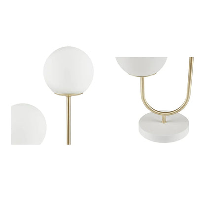 2-Light Frosted Glass Globe Table Lamp – Gold Brass Curved Stand & White Round Base | Modern Bedside & Desk Lamp