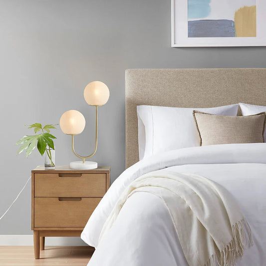 2-Light Frosted Glass Globe Table Lamp – Gold Brass Curved Stand & White Round Base | Modern Bedside & Desk Lamp