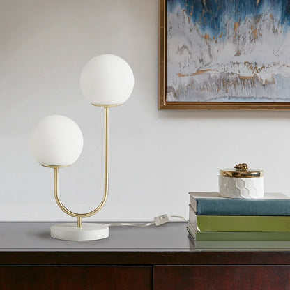 2-Light Frosted Glass Globe Table Lamp – Gold Brass Curved Stand & White Round Base | Modern Bedside & Desk Lamp