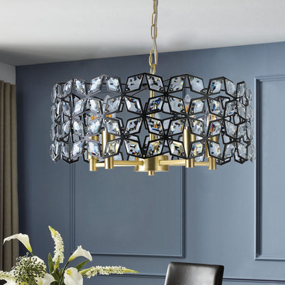 Modern K9 Crystal Geometric Chandelier | 5-Light Black & Gold Round Pendant Light — 19"–39" Adjustable, Dining Room, Living Room & Bedroom