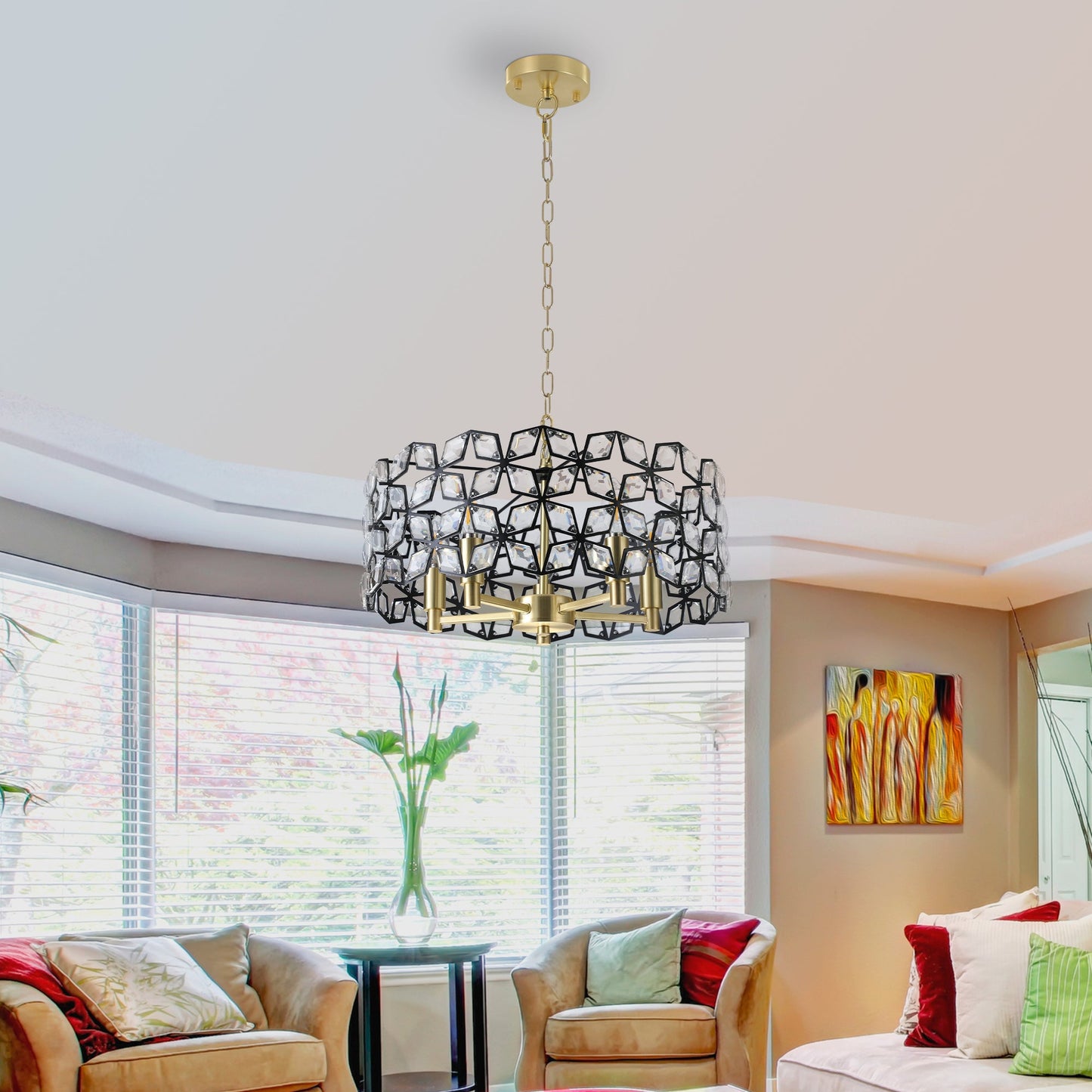 Modern K9 Crystal Geometric Chandelier | 5-Light Black & Gold Round Pendant Light — 19"–39" Adjustable, Dining Room, Living Room & Bedroom Round