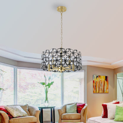 Modern K9 Crystal Geometric Chandelier | 5-Light Black & Gold Round Pendant Light — 19"–39" Adjustable, Dining Room, Living Room & Bedroom Round