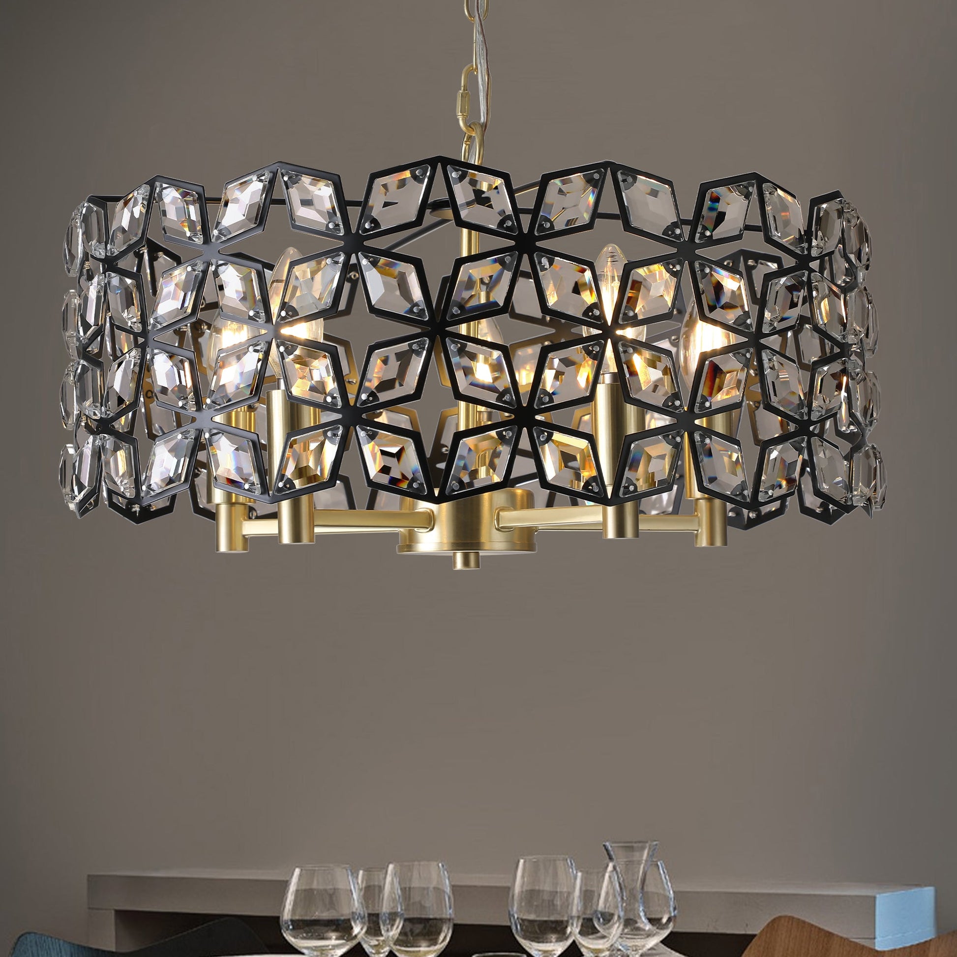 Modern K9 Crystal Geometric Chandelier | 5-Light Black & Gold Round Pendant Light — 19"–39" Adjustable, Dining Room, Living Room & Bedroom