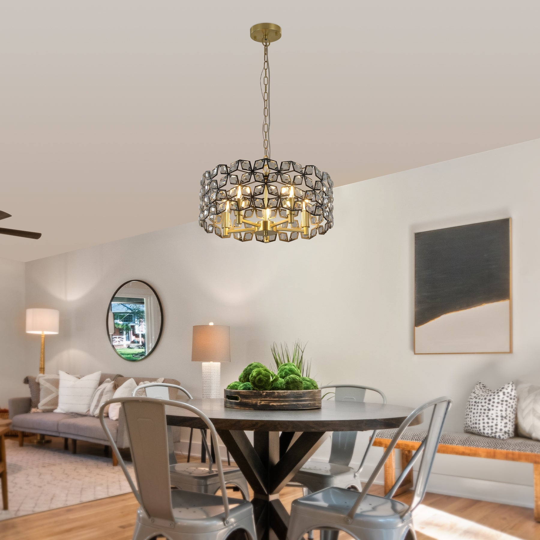 Modern K9 Crystal Geometric Chandelier | 5-Light Black & Gold Round Pendant Light — 19"–39" Adjustable, Dining Room, Living Room & Bedroom