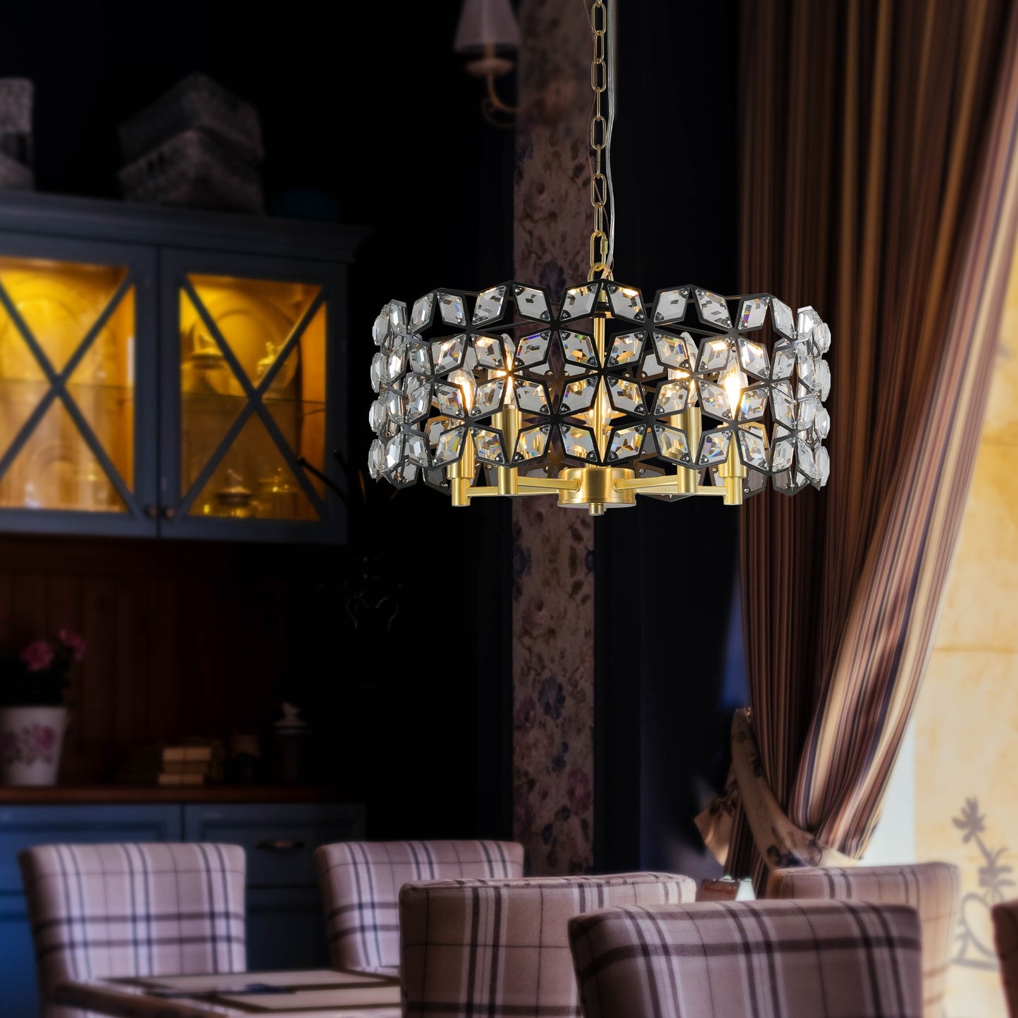 Modern K9 Crystal Geometric Chandelier | 5-Light Black & Gold Round Pendant Light — 19"–39" Adjustable, Dining Room, Living Room & Bedroom