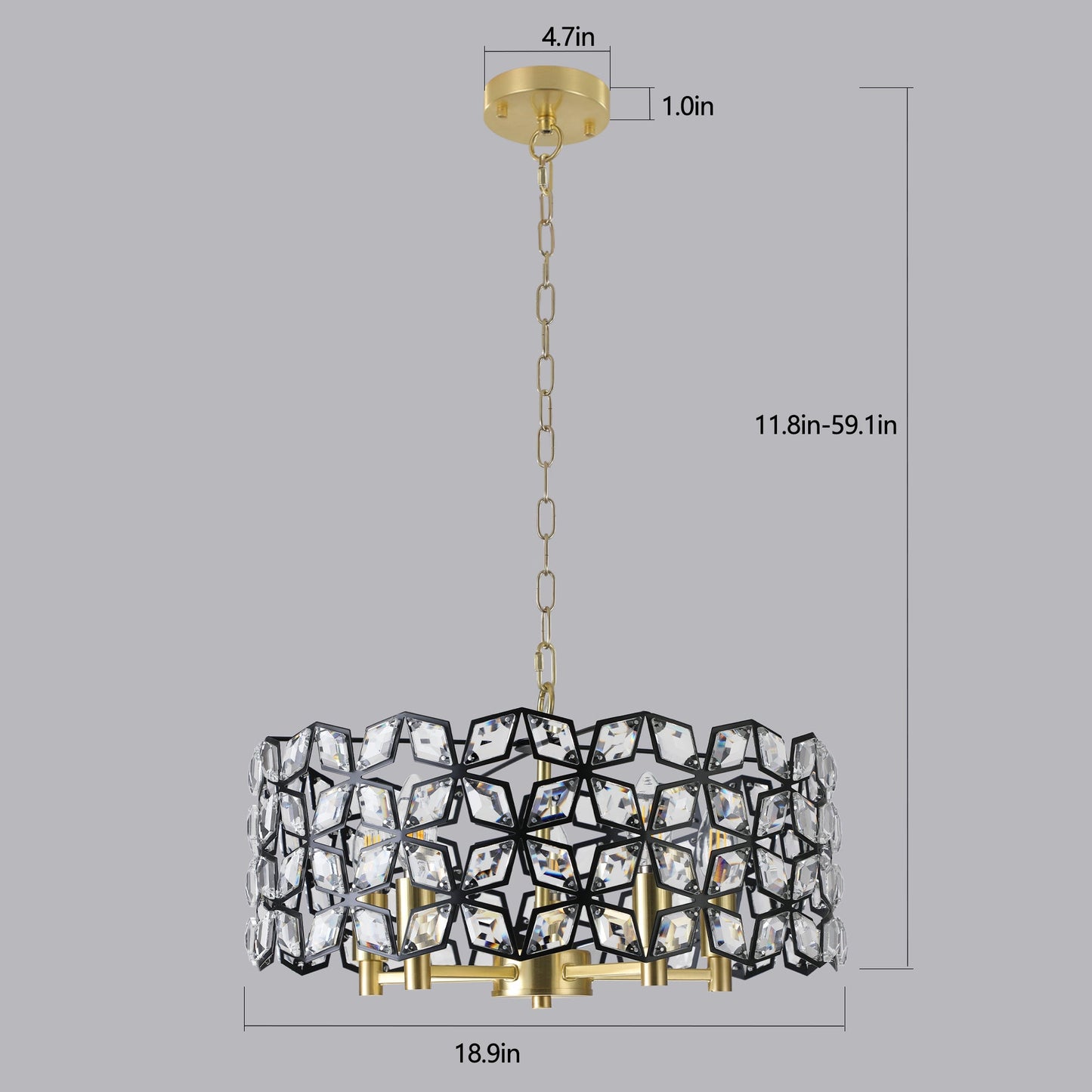Modern K9 Crystal Geometric Chandelier | 5-Light Black & Gold Round Pendant Light — 19"–39" Adjustable, Dining Room, Living Room & Bedroom