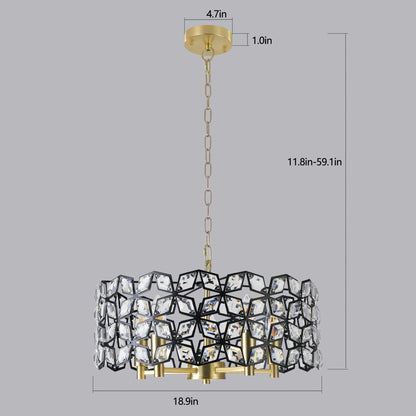 Modern K9 Crystal Geometric Chandelier | 5-Light Black & Gold Round Pendant Light — 19"–39" Adjustable, Dining Room, Living Room & Bedroom