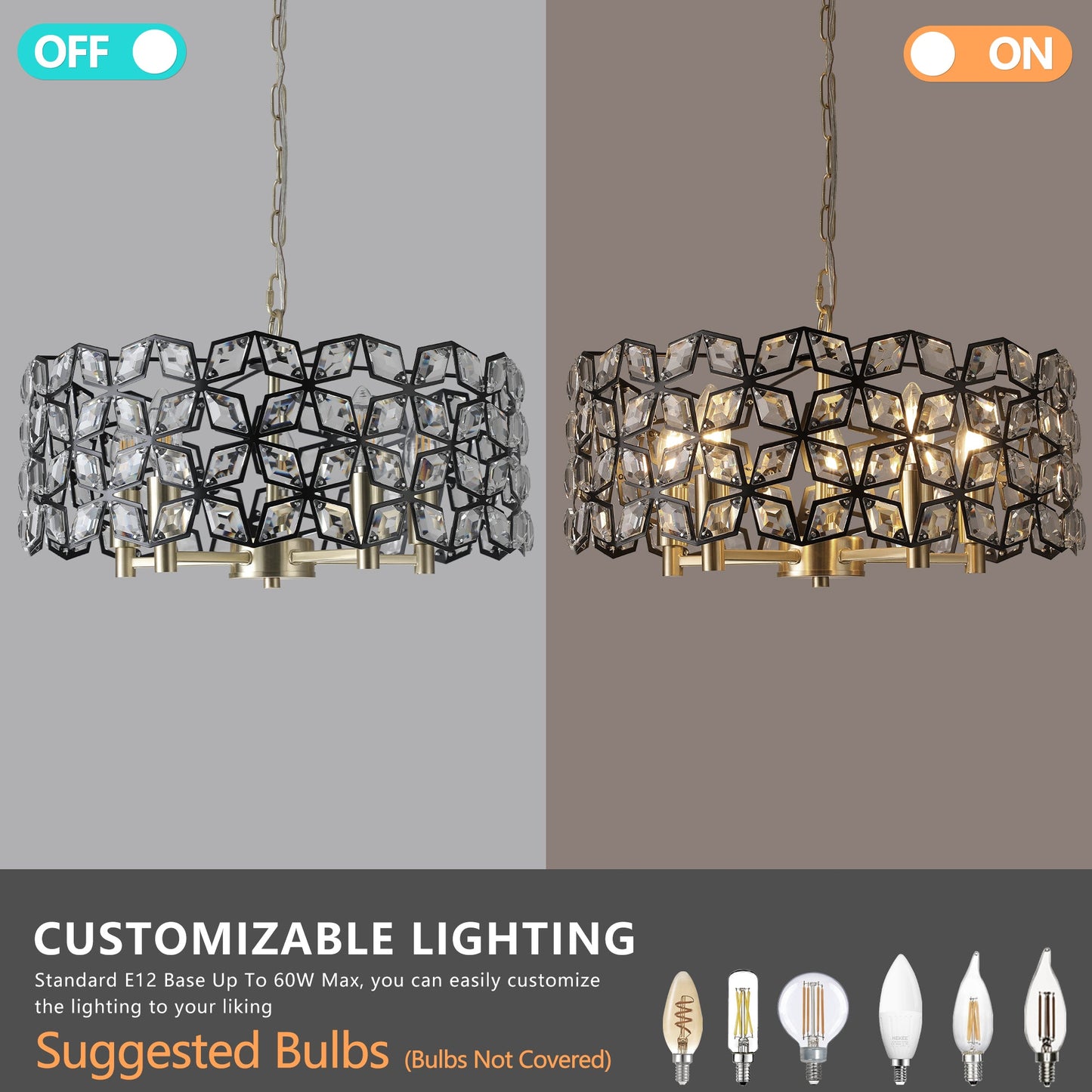 Modern K9 Crystal Geometric Chandelier | 5-Light Black & Gold Round Pendant Light — 19"–39" Adjustable, Dining Room, Living Room & Bedroom