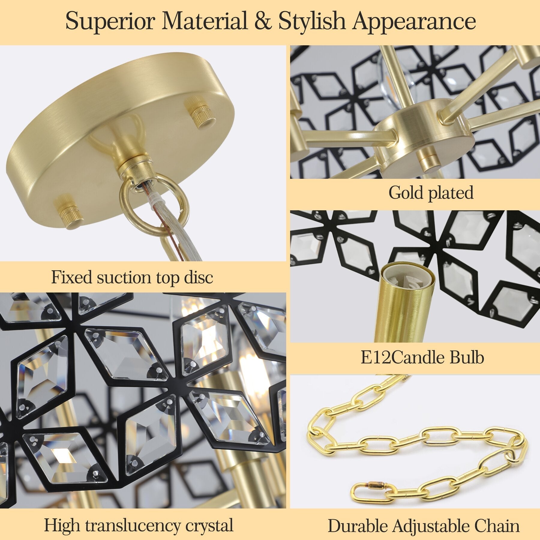 Modern K9 Crystal Geometric Chandelier | 5-Light Black & Gold Round Pendant Light — 19"–39" Adjustable, Dining Room, Living Room & Bedroom