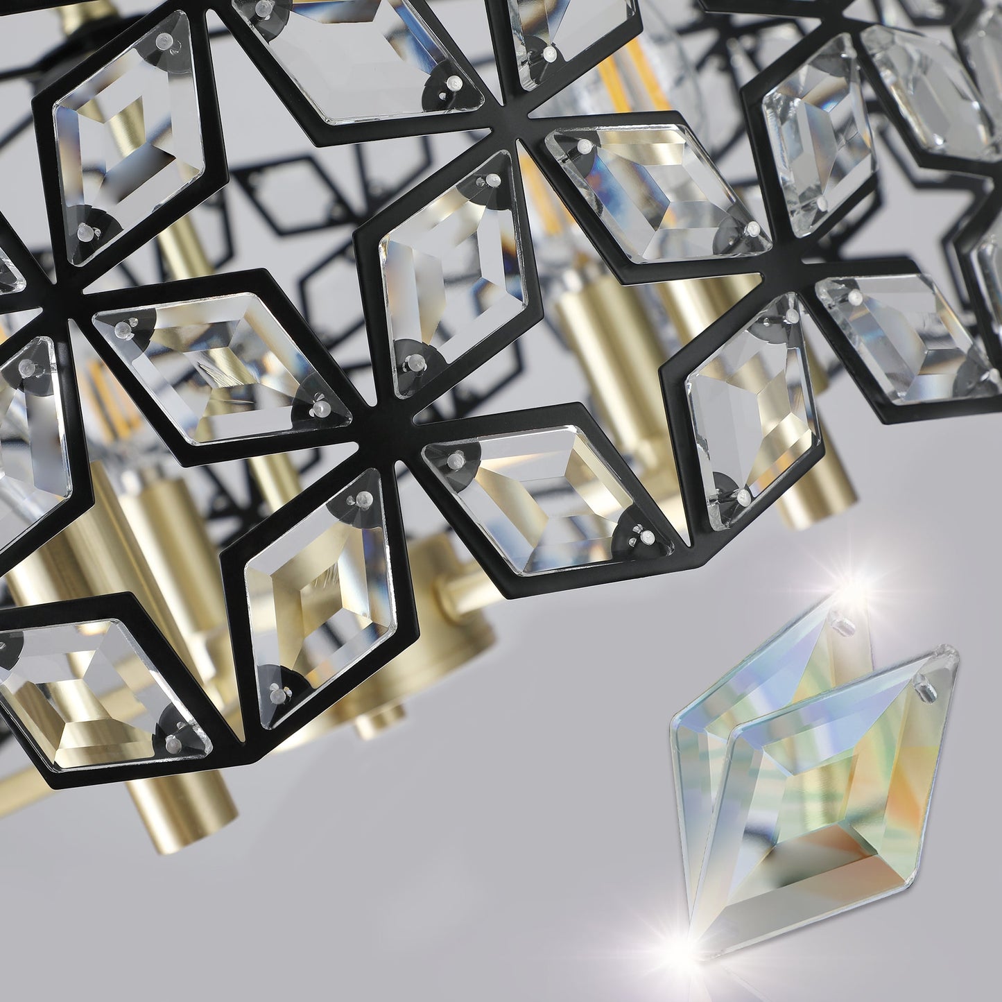 Modern K9 Crystal Geometric Chandelier | 5-Light Black & Gold Round Pendant Light — 19"–39" Adjustable, Dining Room, Living Room & Bedroom