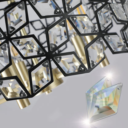 Modern K9 Crystal Geometric Chandelier | 5-Light Black & Gold Round Pendant Light — 19"–39" Adjustable, Dining Room, Living Room & Bedroom