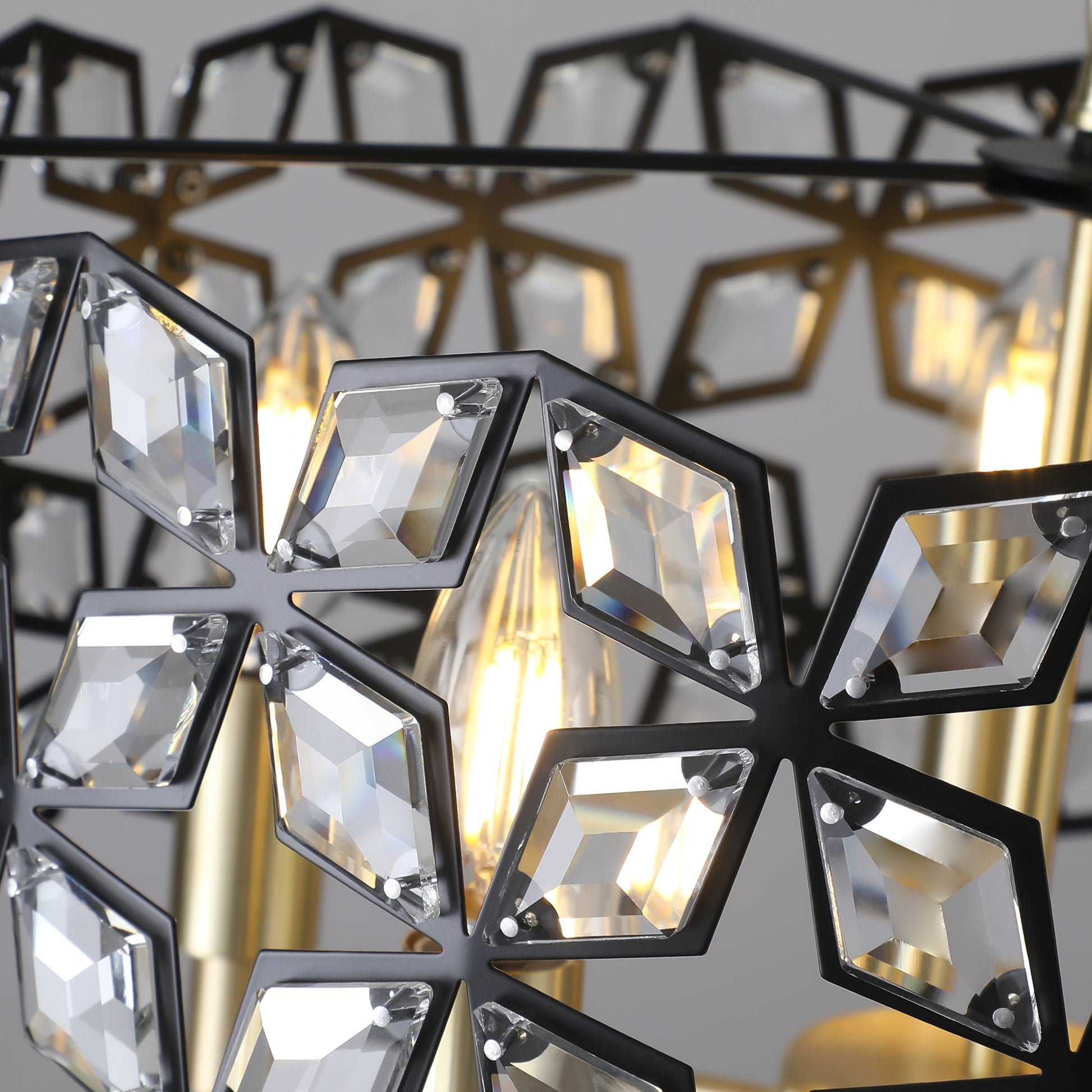 Modern K9 Crystal Geometric Chandelier | 5-Light Black & Gold Round Pendant Light — 19"–39" Adjustable, Dining Room, Living Room & Bedroom