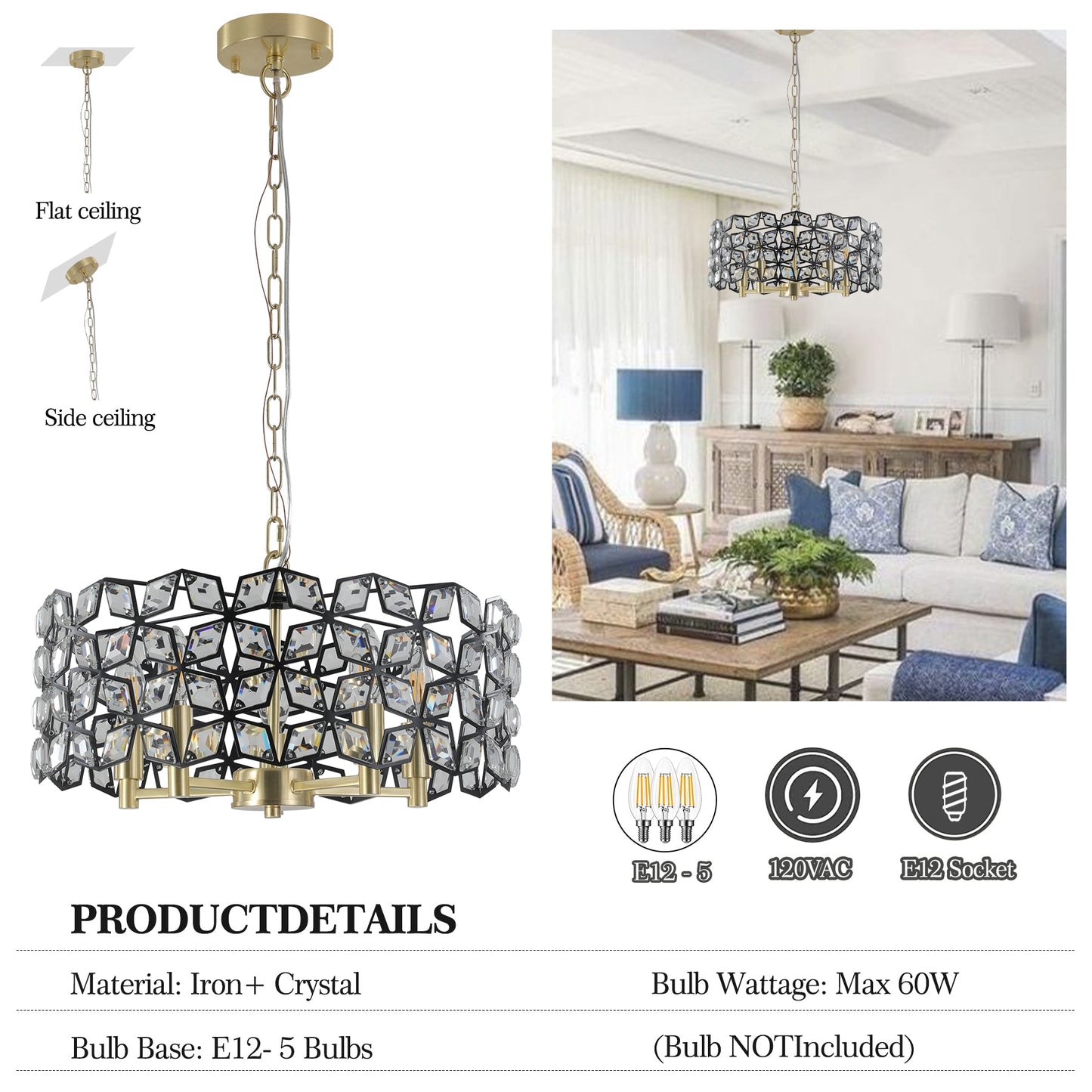 Modern K9 Crystal Geometric Chandelier | 5-Light Black & Gold Round Pendant Light — 19"–39" Adjustable, Dining Room, Living Room & Bedroom