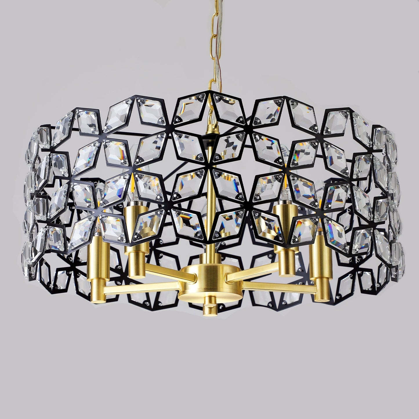 Modern K9 Crystal Geometric Chandelier | 5-Light Black & Gold Round Pendant Light — 19"–39" Adjustable, Dining Room, Living Room & Bedroom