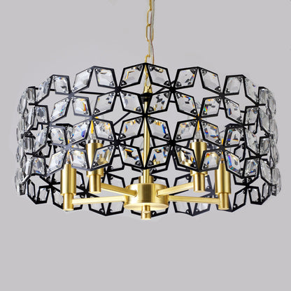 Modern K9 Crystal Geometric Chandelier | 5-Light Black & Gold Round Pendant Light — 19"–39" Adjustable, Dining Room, Living Room & Bedroom