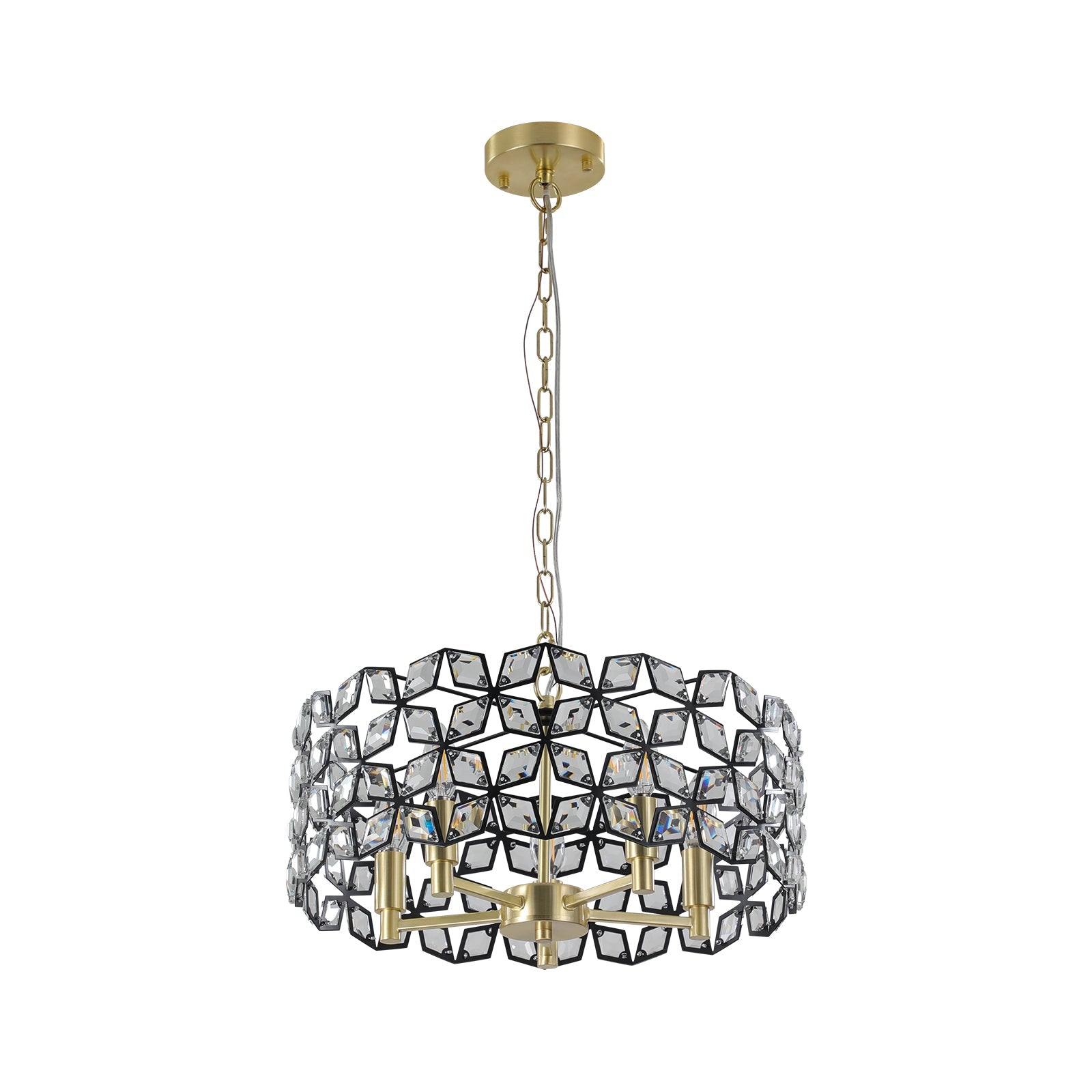 Modern K9 Crystal Geometric Chandelier | 5-Light Black & Gold Round Pendant Light — 19"–39" Adjustable, Dining Room, Living Room & Bedroom