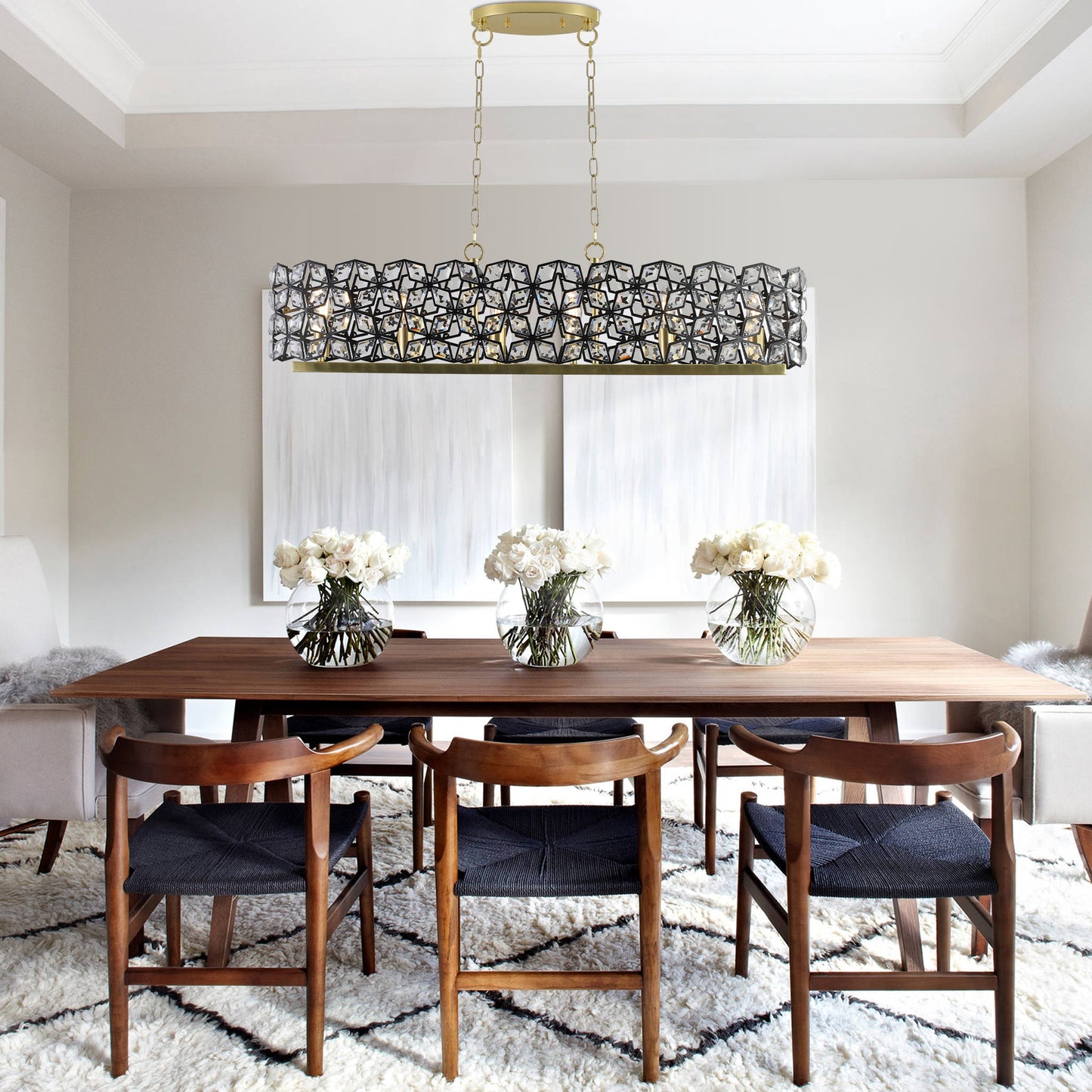 Modern K9 Crystal Geometric Chandelier | 5-Light Black & Gold Round Pendant Light — 19"–39" Adjustable, Dining Room, Living Room & Bedroom Rectangular