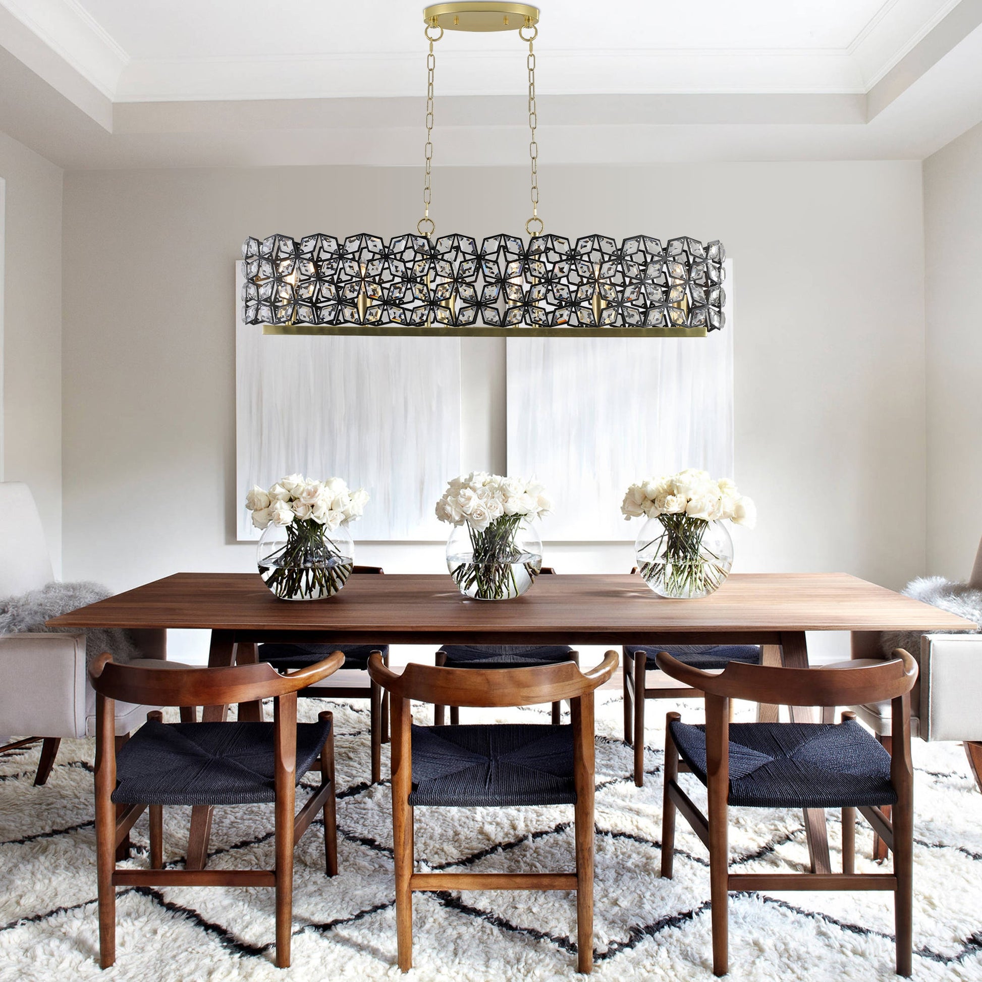 Modern K9 Crystal Geometric Chandelier | 5-Light Black & Gold Round Pendant Light — 19"–39" Adjustable, Dining Room, Living Room & Bedroom Rectangular