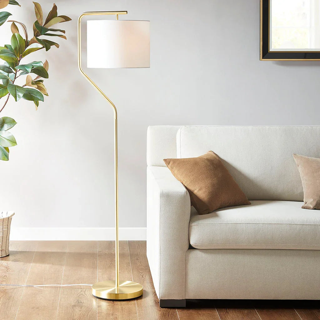 Arched Floor Lamp – Angular Gold Metal Stand & White Linen Drum Shade | LED Bulb Included