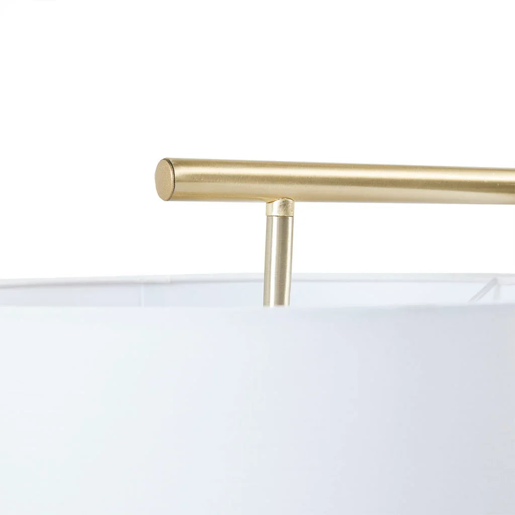 Arched Floor Lamp – Angular Gold Metal Stand & White Linen Drum Shade | LED Bulb Included