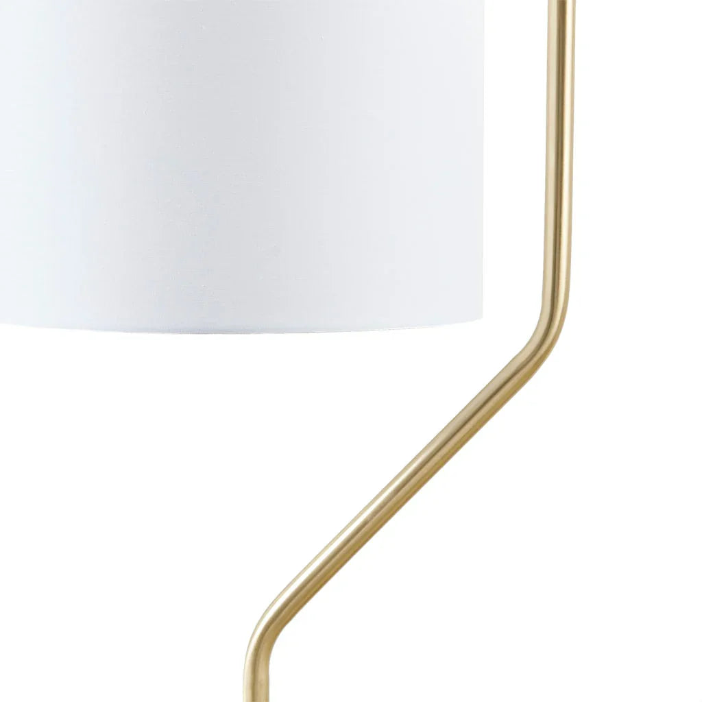 Arched Floor Lamp – Angular Gold Metal Stand & White Linen Drum Shade | LED Bulb Included