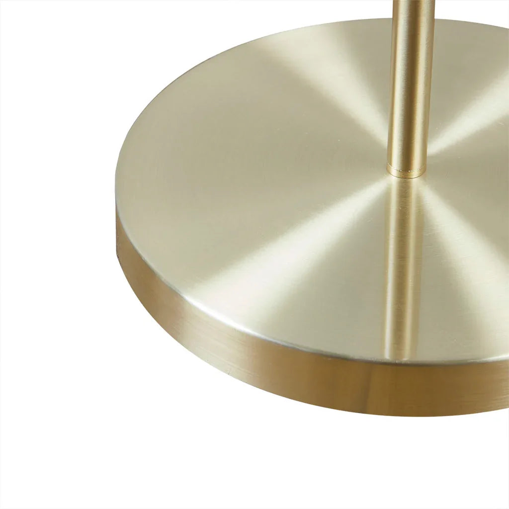 Arched Floor Lamp – Angular Gold Metal Stand & White Linen Drum Shade | LED Bulb Included