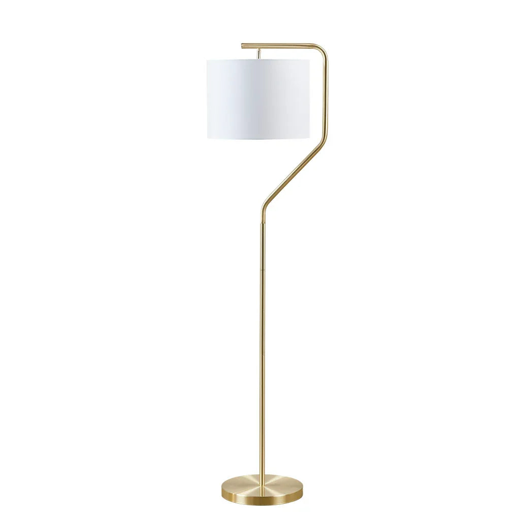 Arched Floor Lamp – Angular Gold Metal Stand & White Linen Drum Shade | LED Bulb Included