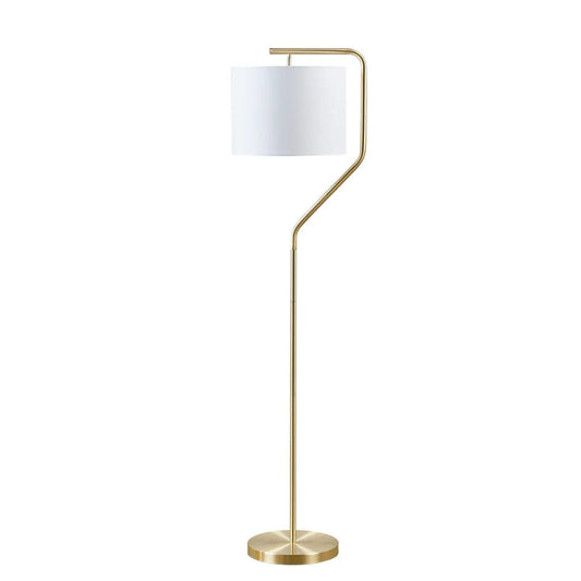 Arched Floor Lamp – Angular Gold Metal Stand & White Linen Drum Shade | LED Bulb Included