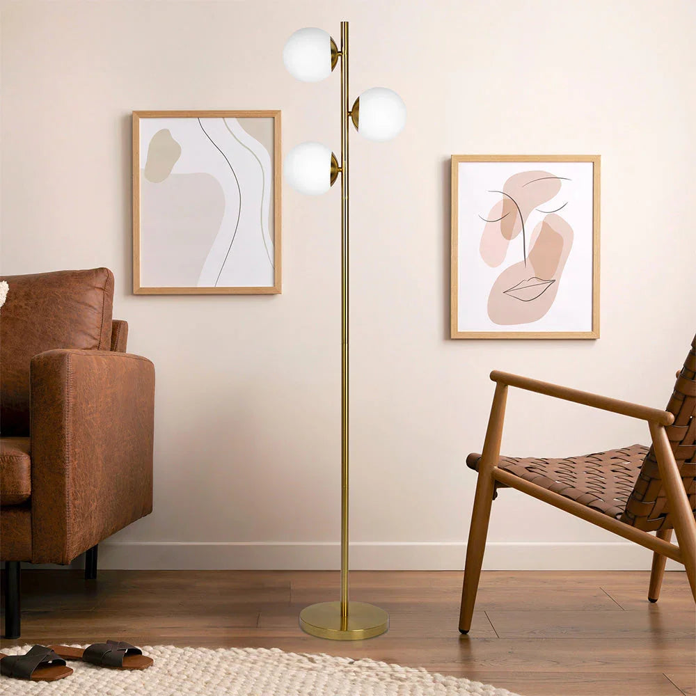 Modern Floor Lamp – Brushed Gold Finish, Opal Glass Shade & Round Metal Base