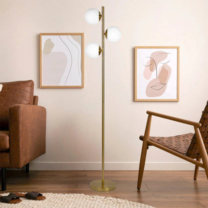 Modern Floor Lamp – Brushed Gold Finish, Opal Glass Shade & Round Metal Base