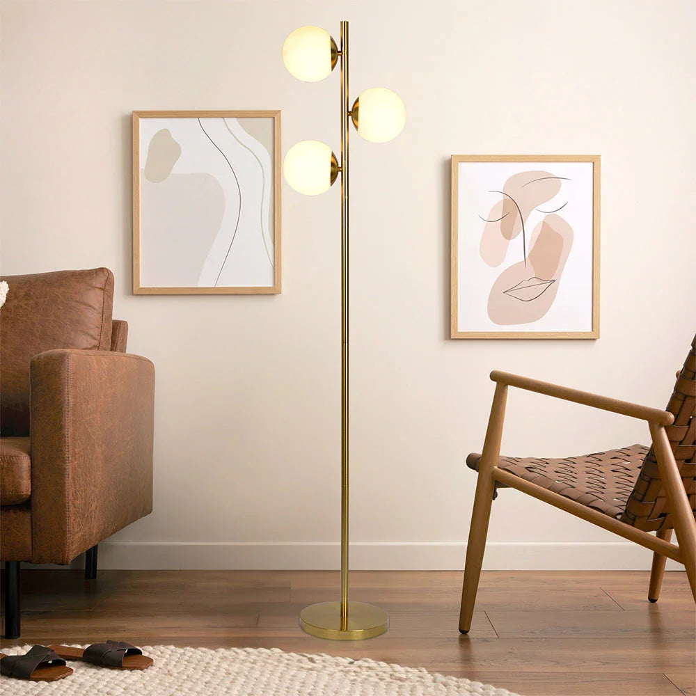 Modern Floor Lamp – Brushed Gold Finish, Opal Glass Shade & Round Metal Base
