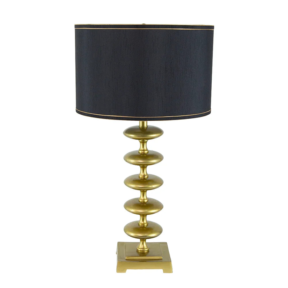 Table Lamp – Gold Aluminum Disc Body, Black Drum Shade & Square Pedestal Base | Contemporary Bedside & Desk Lamp