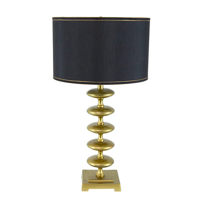 Table Lamp – Gold Aluminum Disc Body, Black Drum Shade & Square Pedestal Base | Contemporary Bedside & Desk Lamp