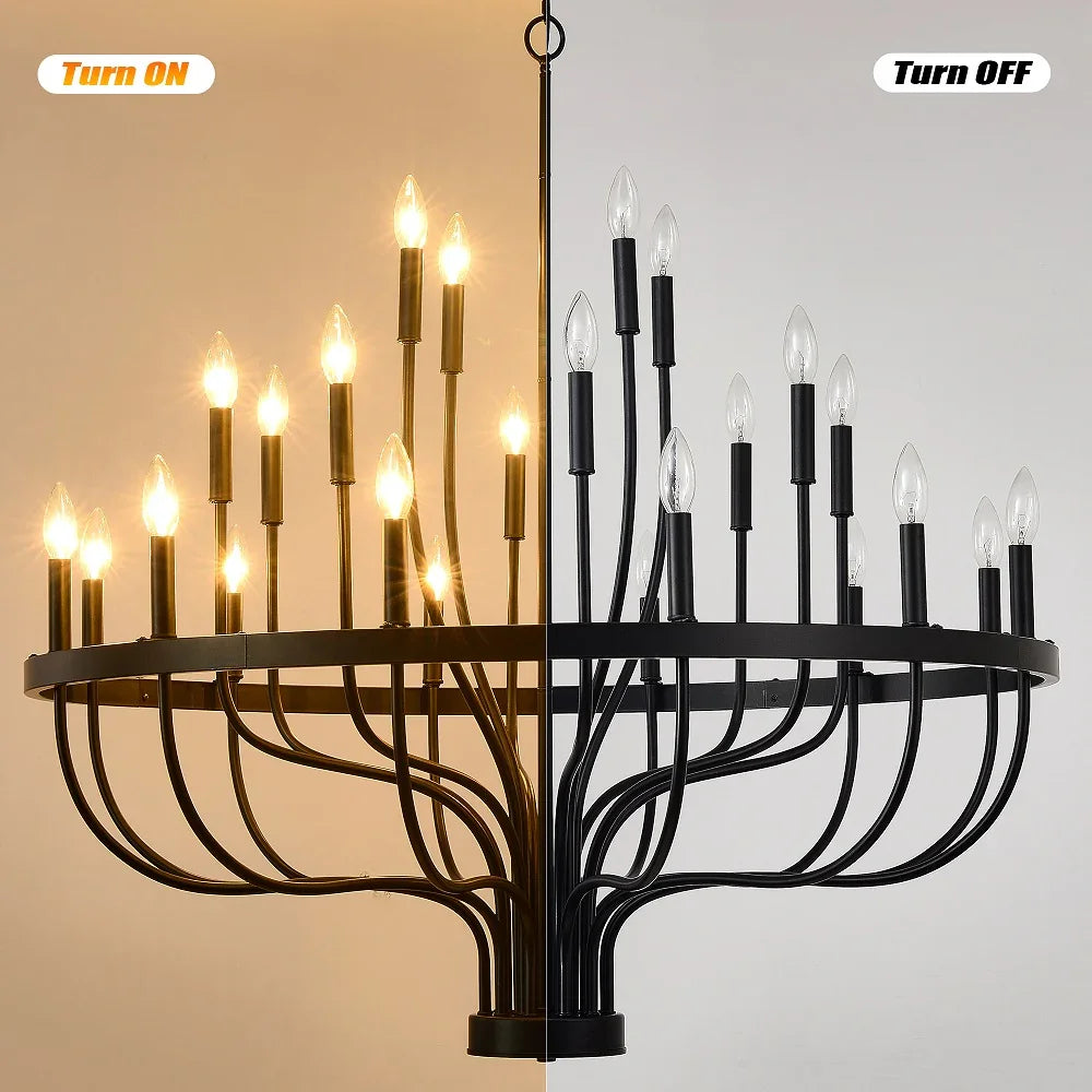 24-Light Industrial Candle Chandelier | Black Farmhouse Pendant Light Fixture for Dining Room, Living Room & Foyer — 39.4" Wide