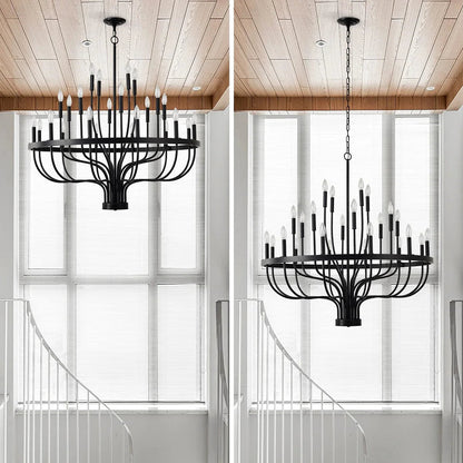 24-Light Industrial Candle Chandelier | Black Farmhouse Pendant Light Fixture for Dining Room, Living Room & Foyer — 39.4" Wide
