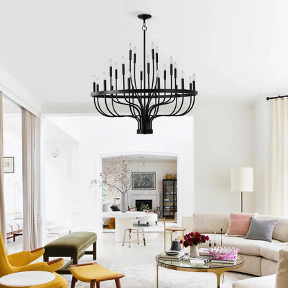 24-Light Industrial Candle Chandelier | Black Farmhouse Pendant Light Fixture for Dining Room, Living Room & Foyer — 39.4" Wide