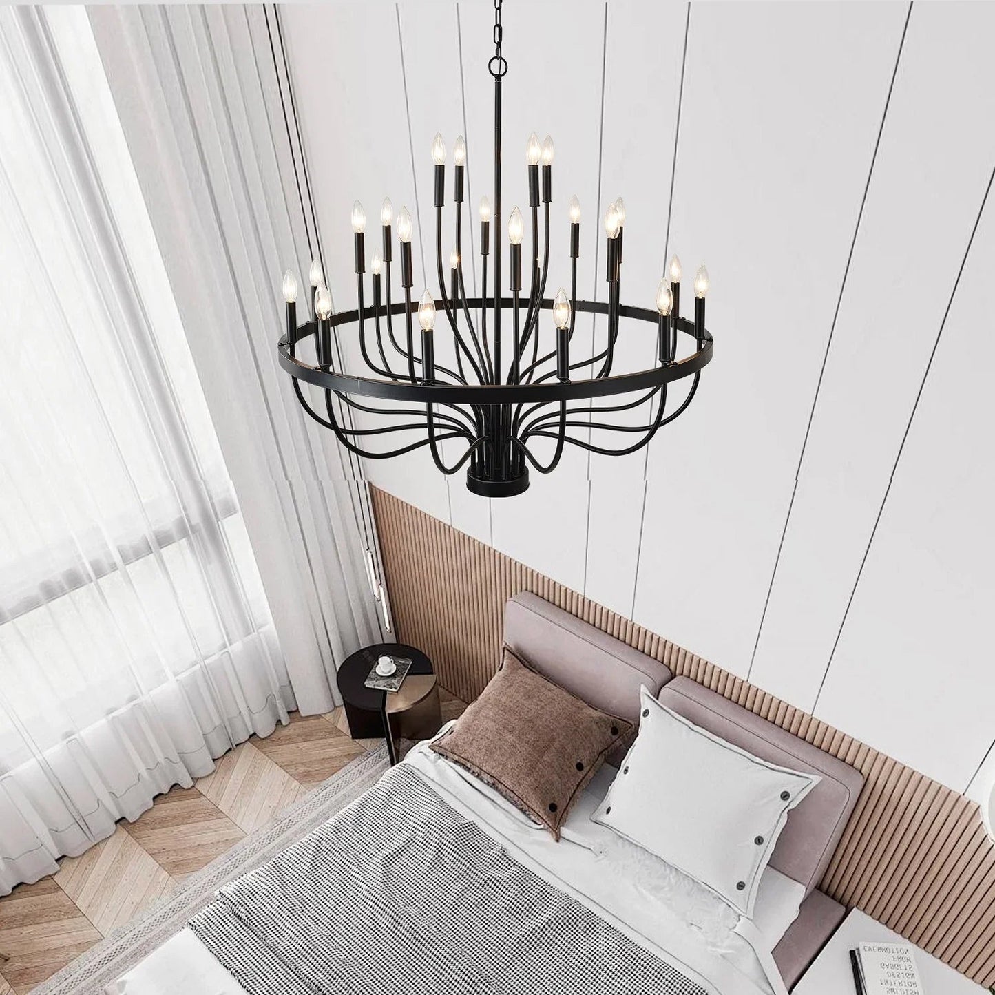 24-Light Industrial Candle Chandelier | Black Farmhouse Pendant Light Fixture for Dining Room, Living Room & Foyer — 39.4" Wide
