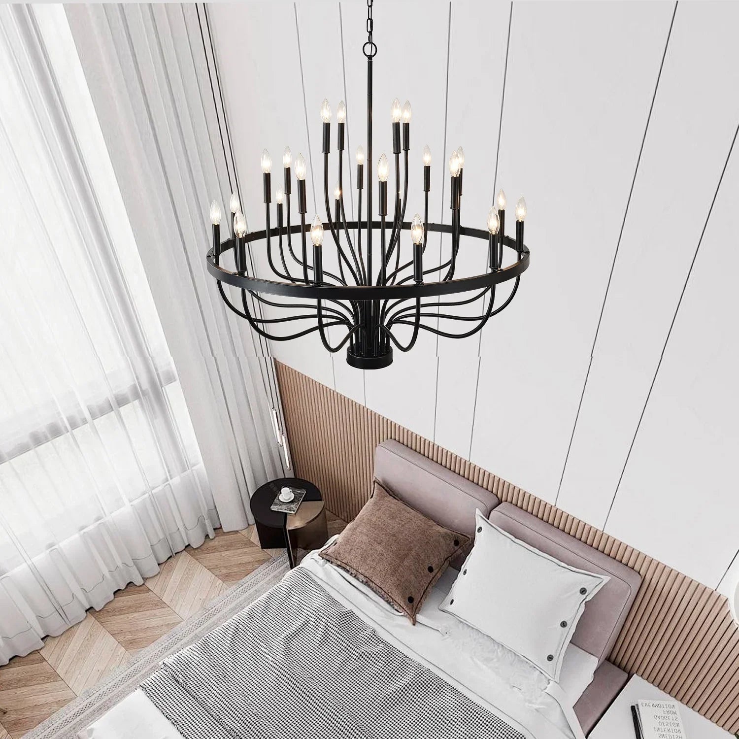 24-Light Industrial Candle Chandelier | Black Farmhouse Pendant Light Fixture for Dining Room, Living Room & Foyer — 39.4" Wide